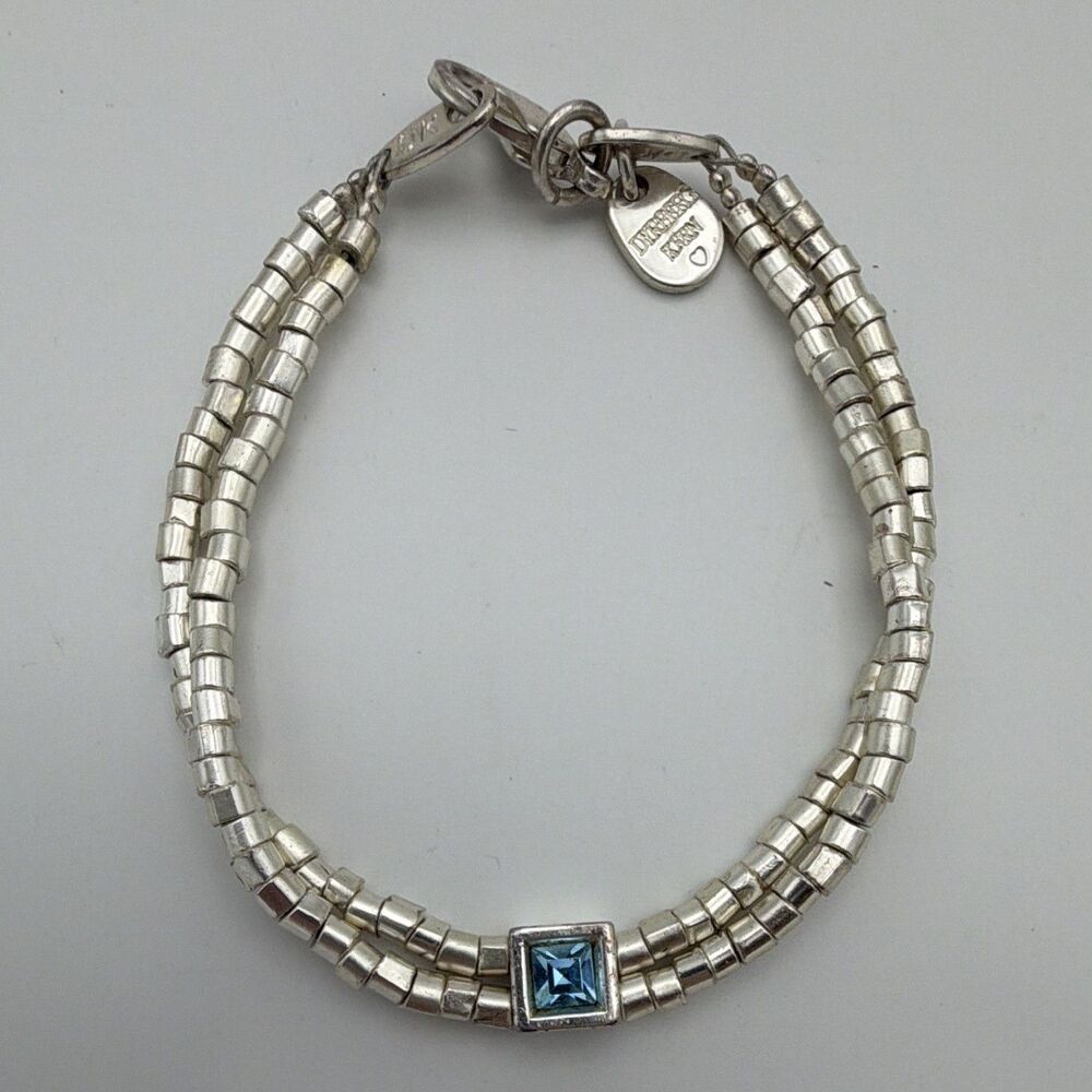 Dyrberg/Kern Signed Silver Tone Bead Chain Bracelet Blue Square Crystal 7 in